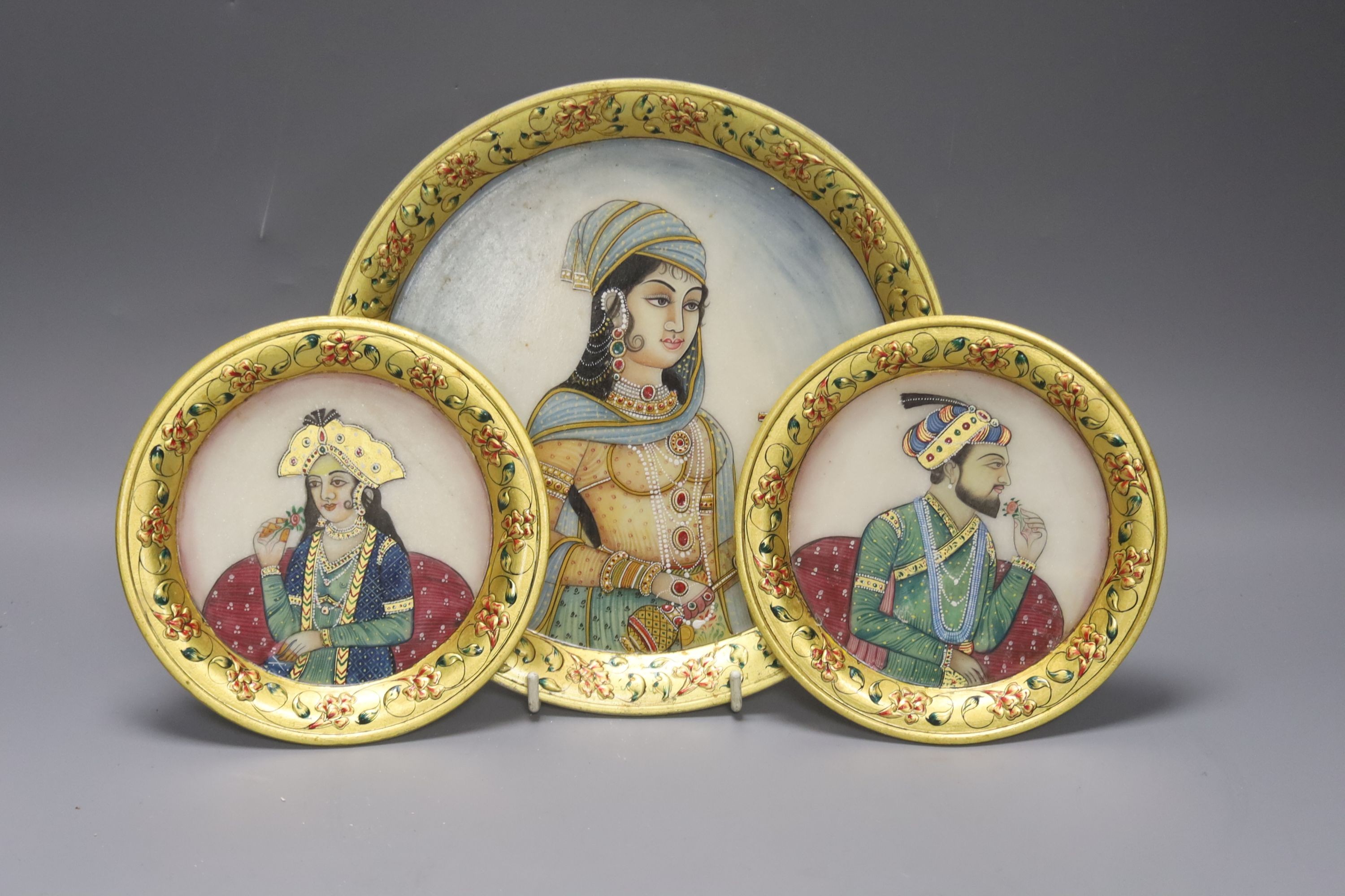 An Indian alabaster plate painted with figures and 2 others 22cm